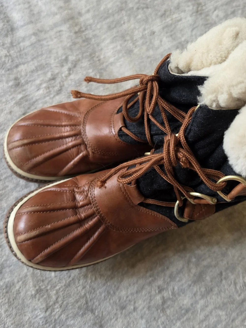 Tory Burch Jada shearling-lined duck boots dark grey flannel brown leather